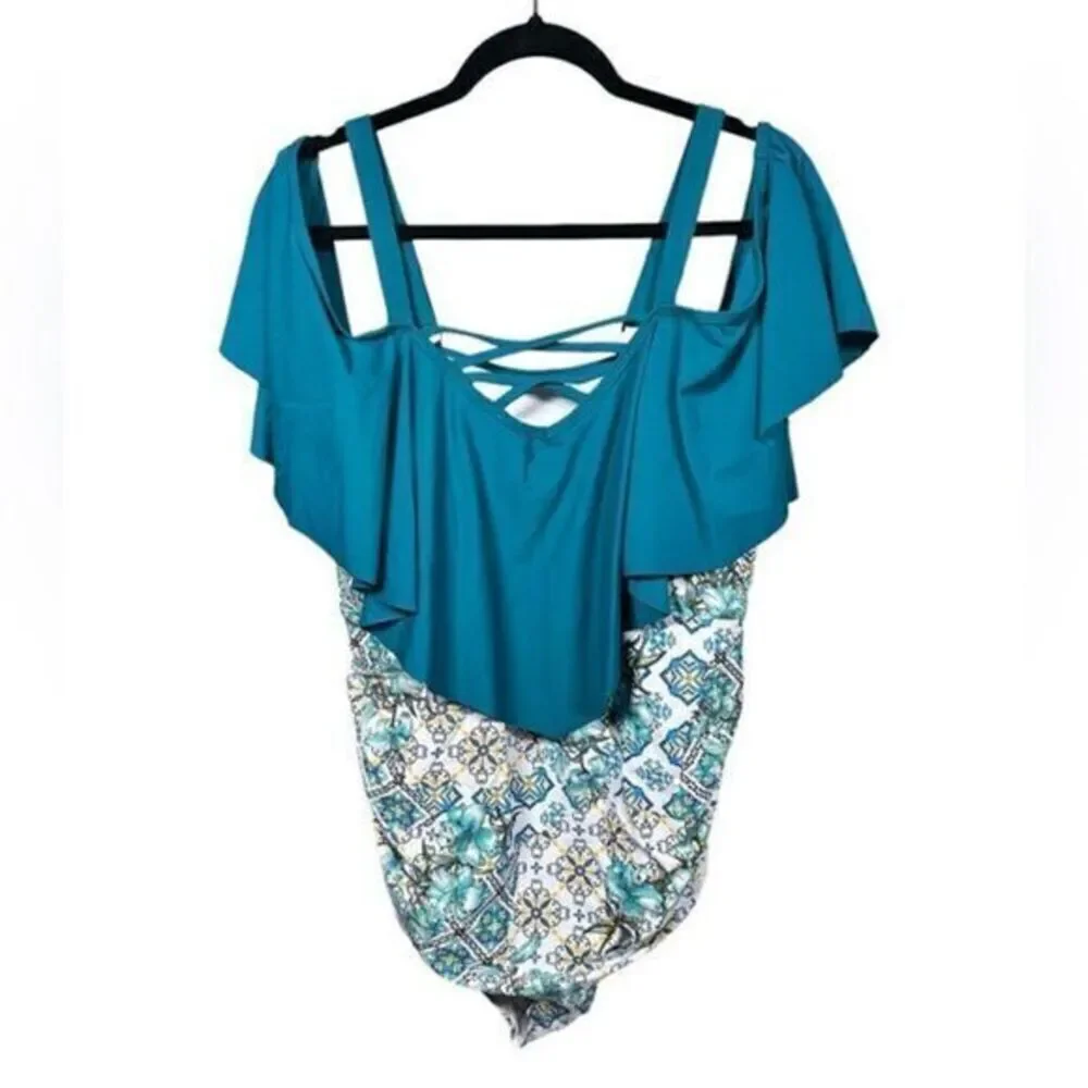 NWT BloomChic Plus Size One Piece Ruffle Criss Cross Two Tone Teal/Blue Size 3XL